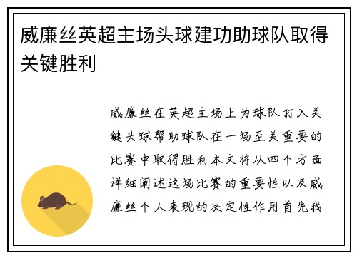 威廉丝英超主场头球建功助球队取得关键胜利 威廉丝英超主场头球建功助球队取得关键胜利